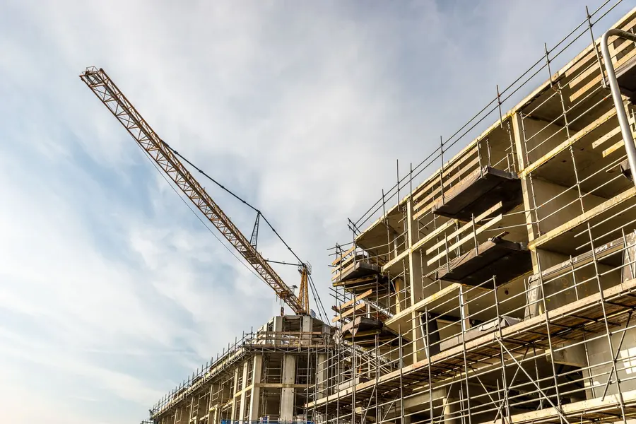Commercial construction site with scaffolding