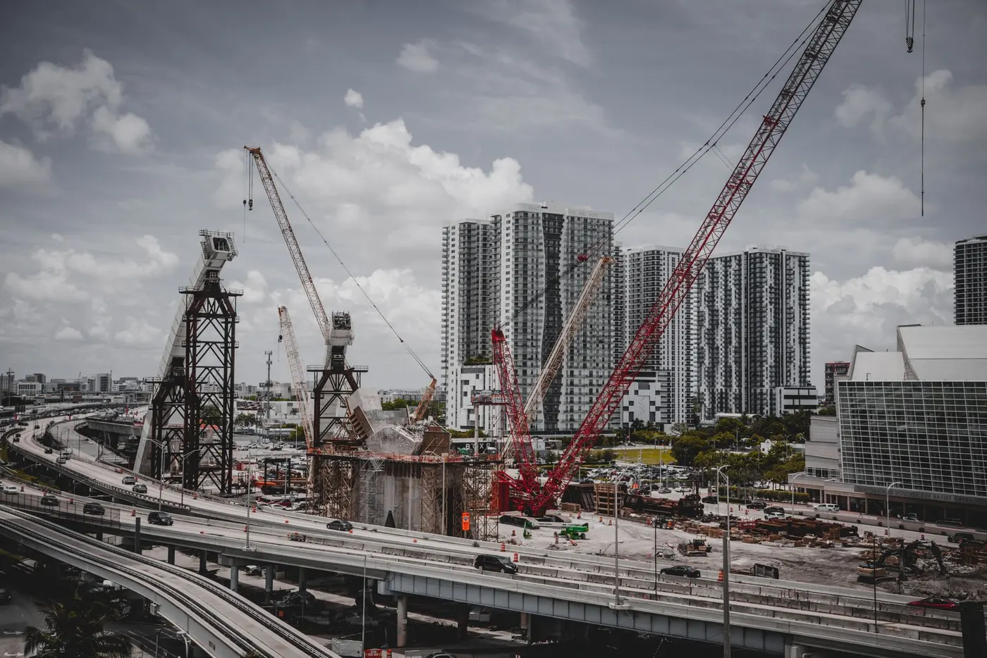 Commercial building under construction with structural steel framing