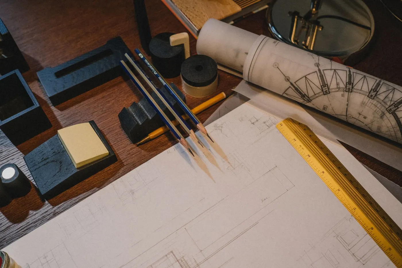 Architectural drawings and site plans on a table